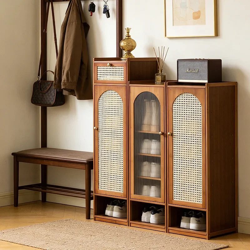 Retro style rattan decorative door shoe cabinet, bamboo multi-layer narrow shoe cabinet, shoe storage cabinet with drawers