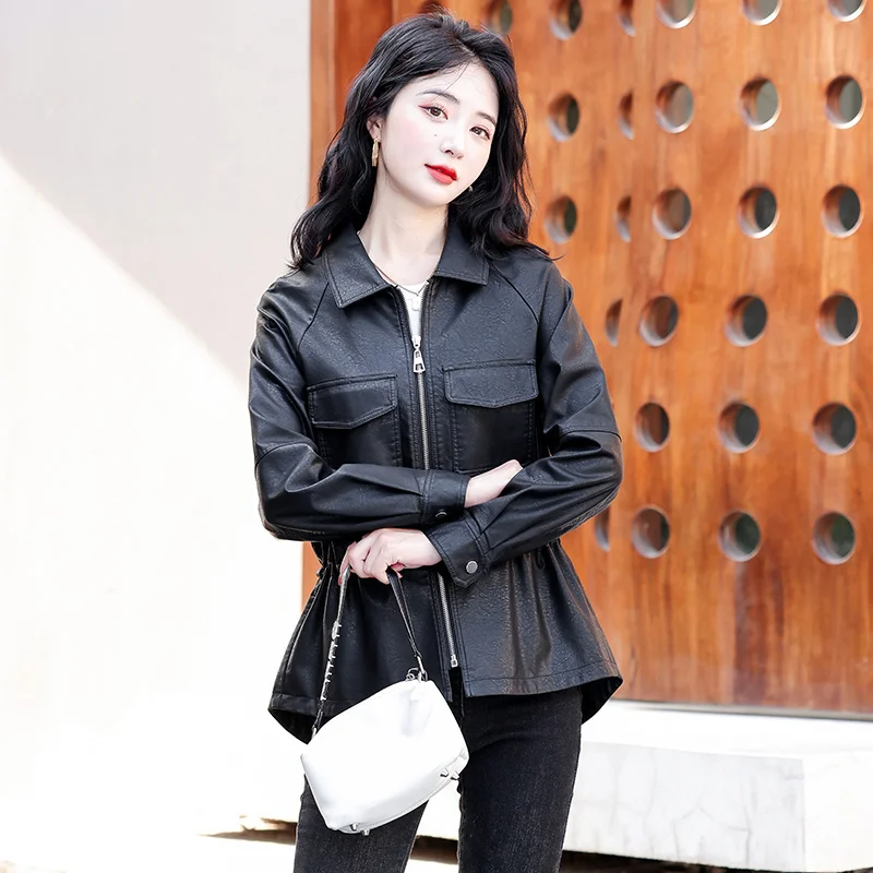 

2023 New Jackets for Women Autumn Winter New Leather Jacket Short Drawstring Sheepskin Leather Coats Korean Fit Fashio