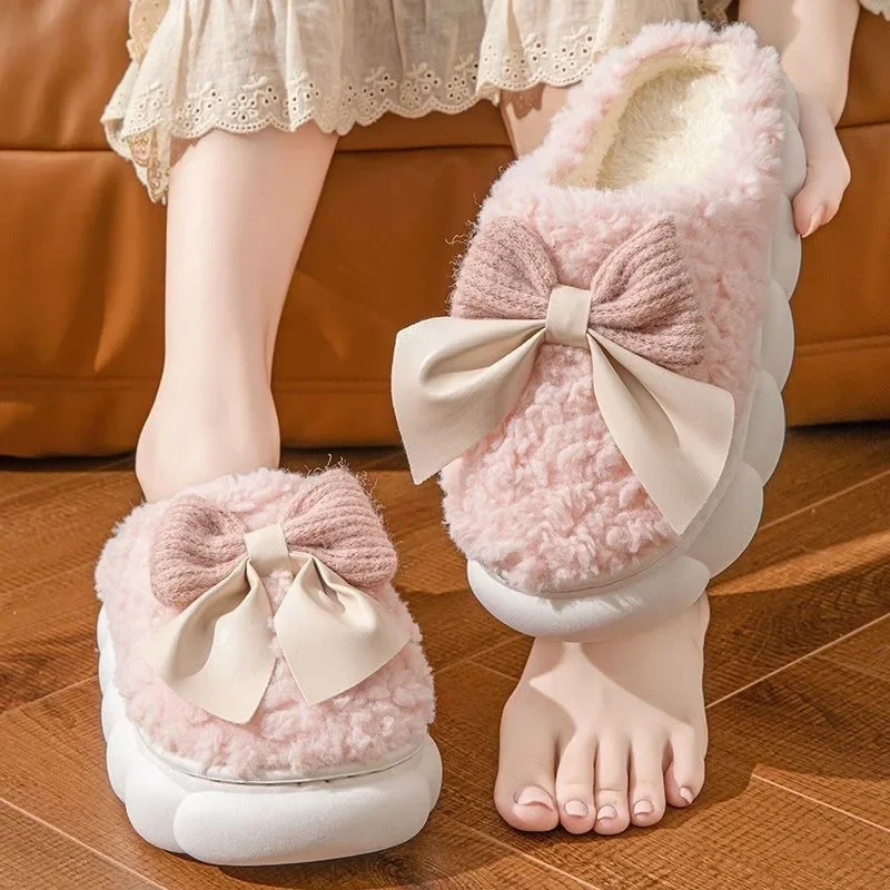 

2024 Style Cotton Slippers Thick Bottom Warm Postpartum Shoes Bow Cotton Slippers Women's Winter Indoor Home Use Plush Slippers