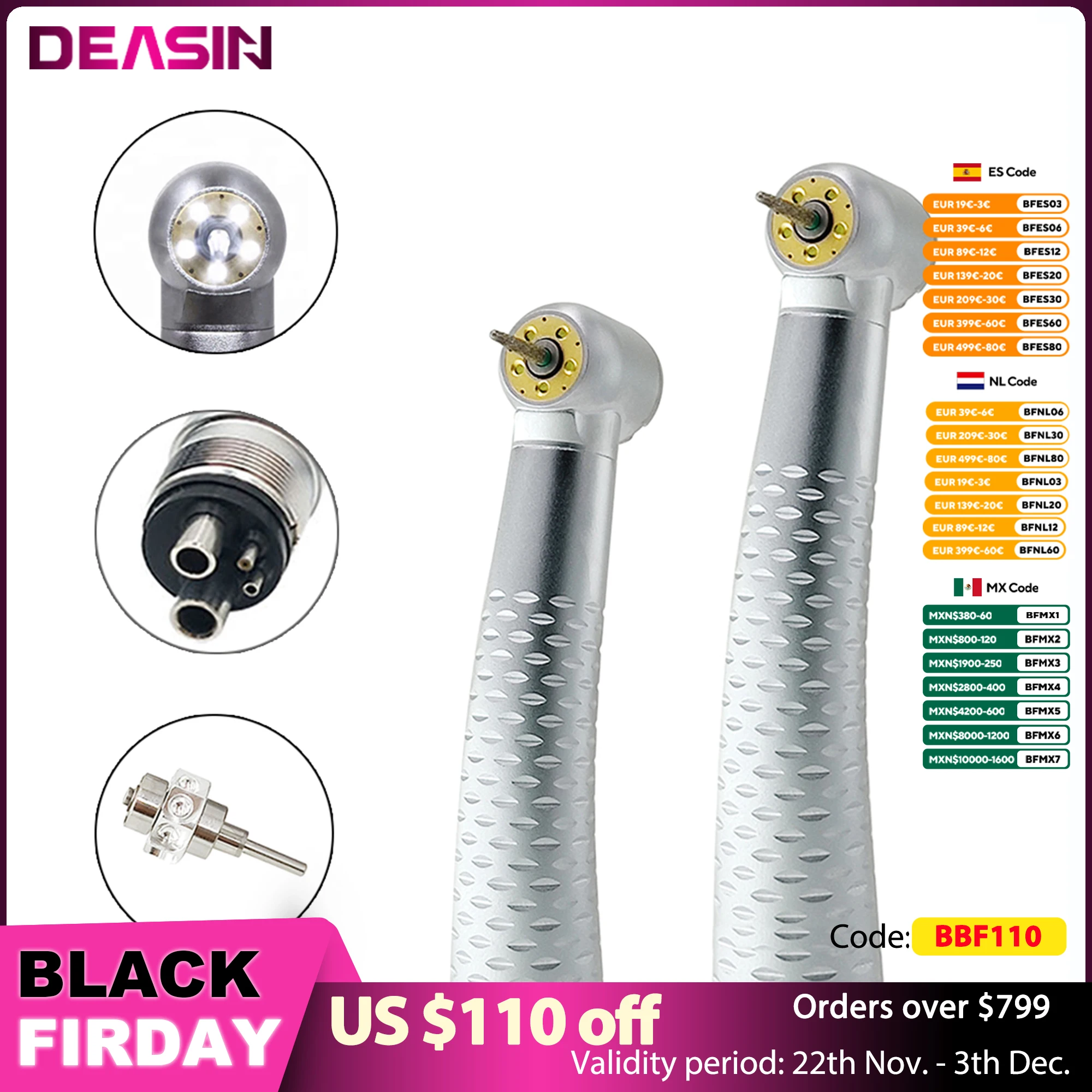 

5-LED Shadowless LED High Speed Turbina Handpiece Dental Air Turbine Polishing Kits Whitening Tools Dental Material Tools