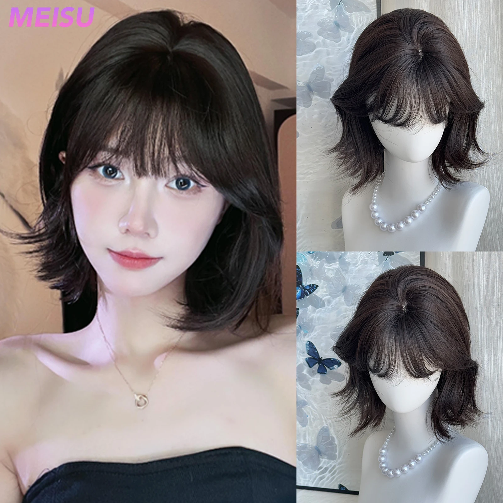 

MEISU 12-дюймовый синтетический парик с воздушной челкой, многослойное волокно из микрофильмы, термостойкие милые парики для вечеринок или селфи для женщин, ежедневное использование