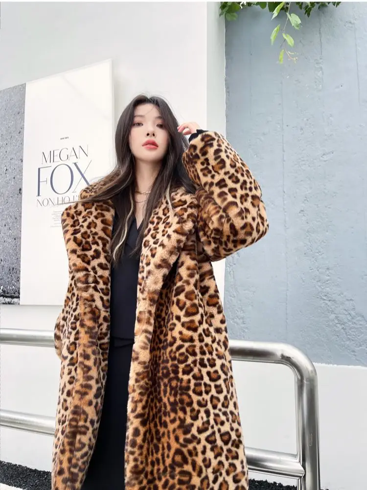 Factory Direct Sales Female Faux Fur Coat Fashion Loose Suit Collar Leopard Print Jacket Lady Outerwear Women's Winter Coats