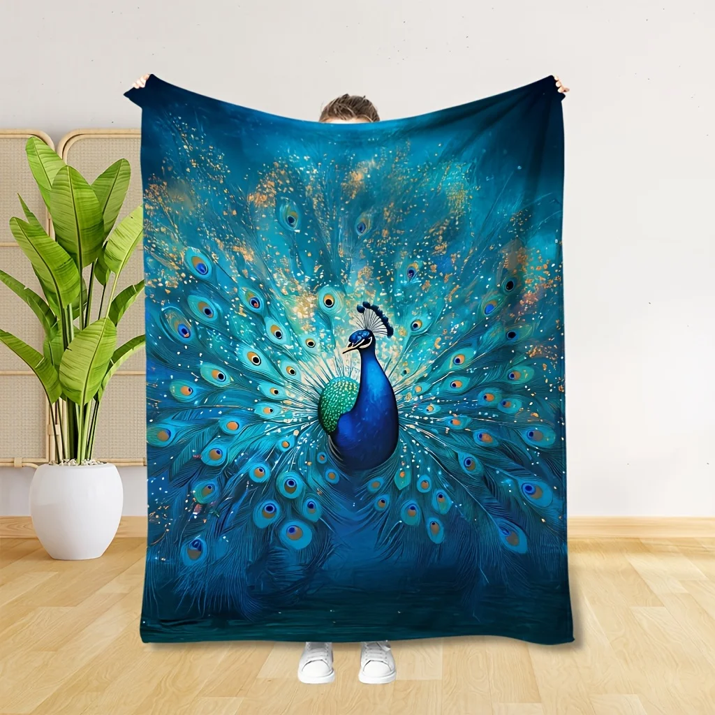 Vibrant Peacock Feather Blue Bird Art Throw Blanket Luxurious Home Decor Gift for Bedroom Living Room
