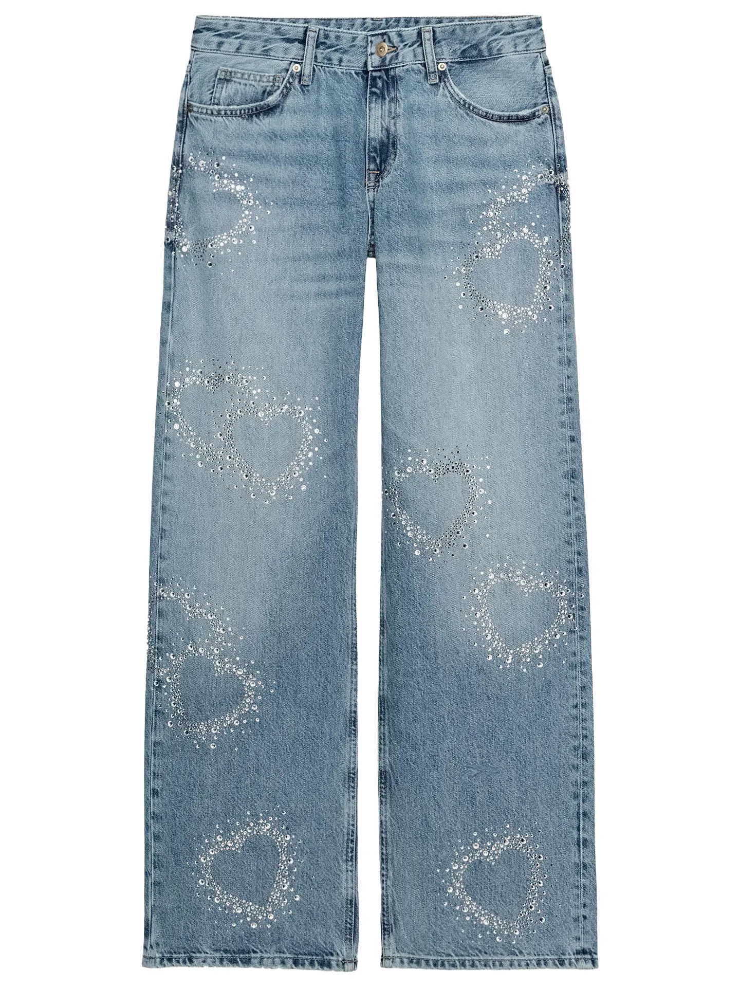 Summer 2026 Women's Low Waist Straight Leg Jeans Light Blue Heart Rhinestone Wide Leg Denim Pants Trendy Hot Girl Style