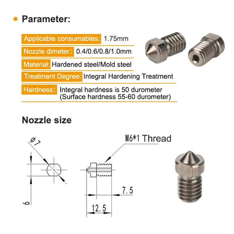 3DSWAY Parti della stampante 3D Buse Imprimante 3D Ugello in acciaio temprato V6 Ugello ad alta temperatura Filettatura M6 0.4/0.6/1.8/1.0 1.75mm