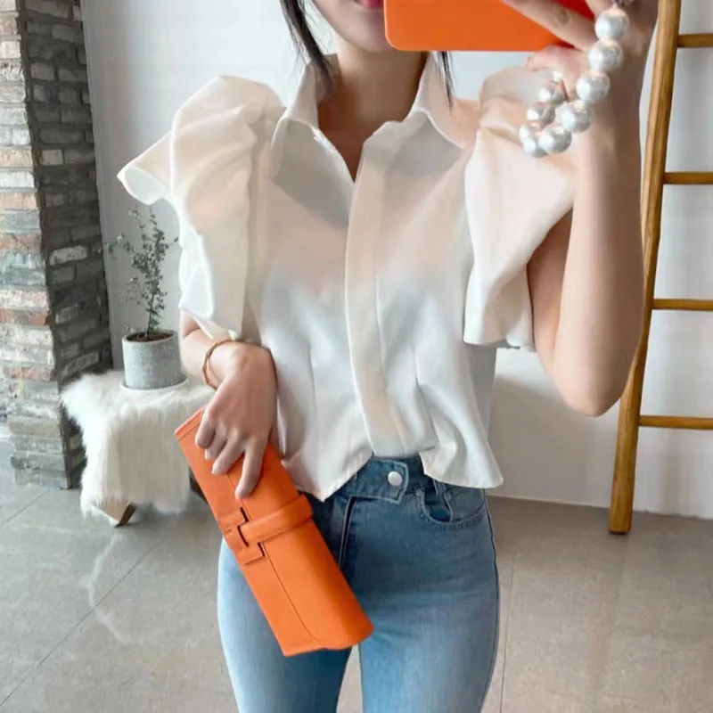 Ruffles Chiffon Shirts Women Y2K Summer Fashion Splicing Puff Sleeve Buttons Tops Female Korean Elegant All Match Blouse New