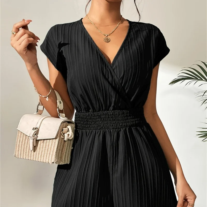 

Summer New Women's Bow Tie Jumpsuit with Floral Embroidery Stripes Cross Collar Strap Knot High Waist ort Pants