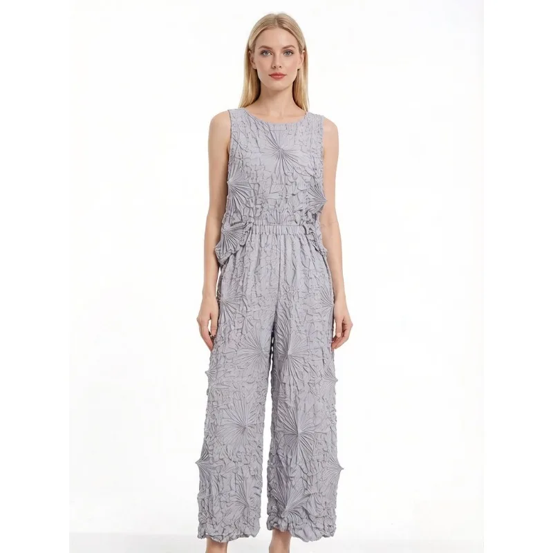 

Комплект Miyake Pleated Весна/Лето 2026: Новинка, женский топ и брюки, без рукавов, с круглым вырезом, удобный, модный, повседневный, плиссированный