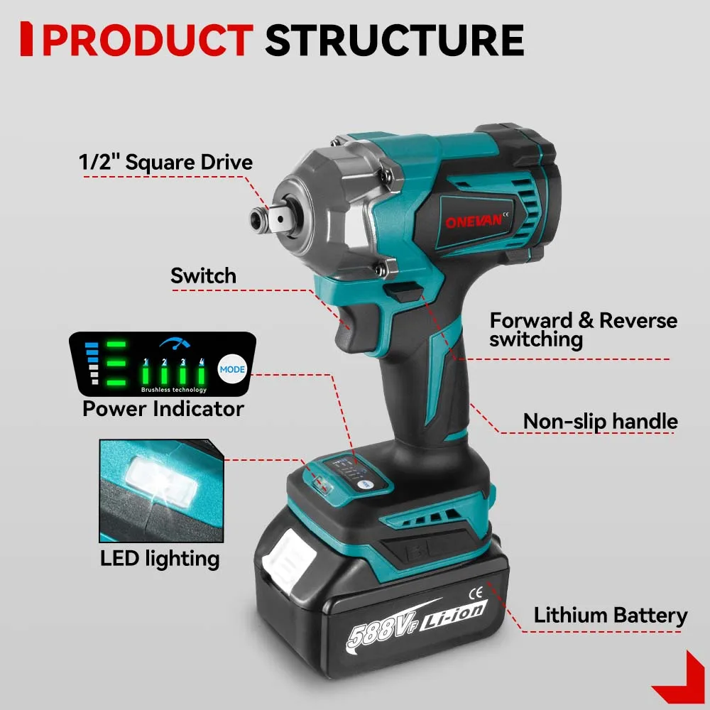 ONEVAN-llave de impacto eléctrica sin escobillas, de 3 funciones destornillador inalámbrico, taladro eléctrico para batería Makita de 18V, 1/2