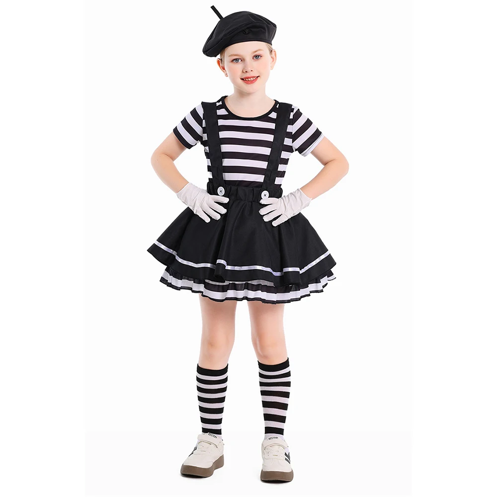Funny Clown Cosplay Fantasy Girls Clothing Black White Striped Stage Costume Disguise Teen 6 to 14 Years Roleplay Party Outfits