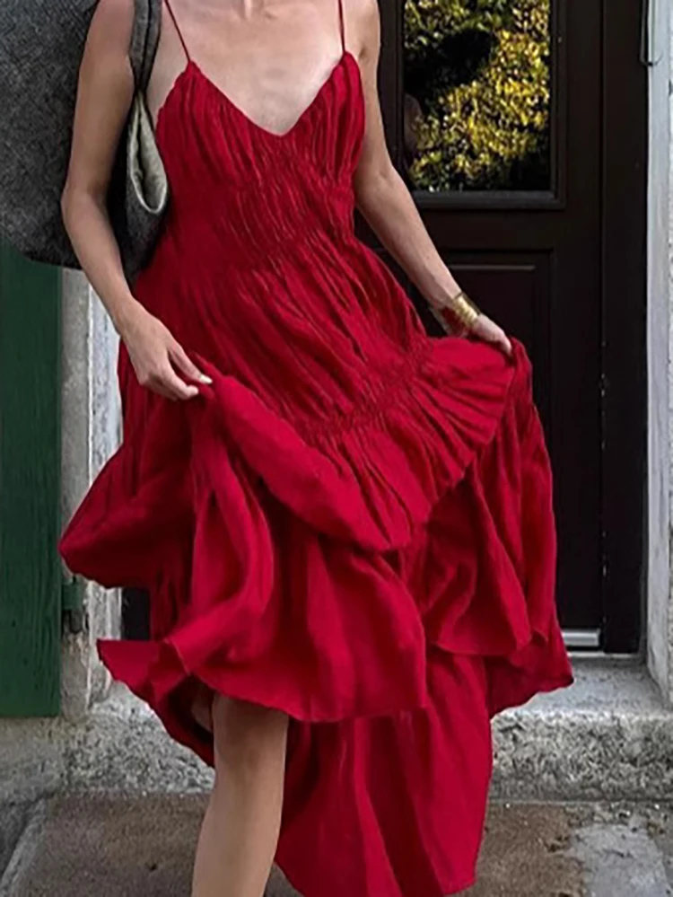 Moda baixo corte com decote em v praia vestido longo verão oco sem costas cor sólida vestido de festa casual suspender plissado vestidos femininos