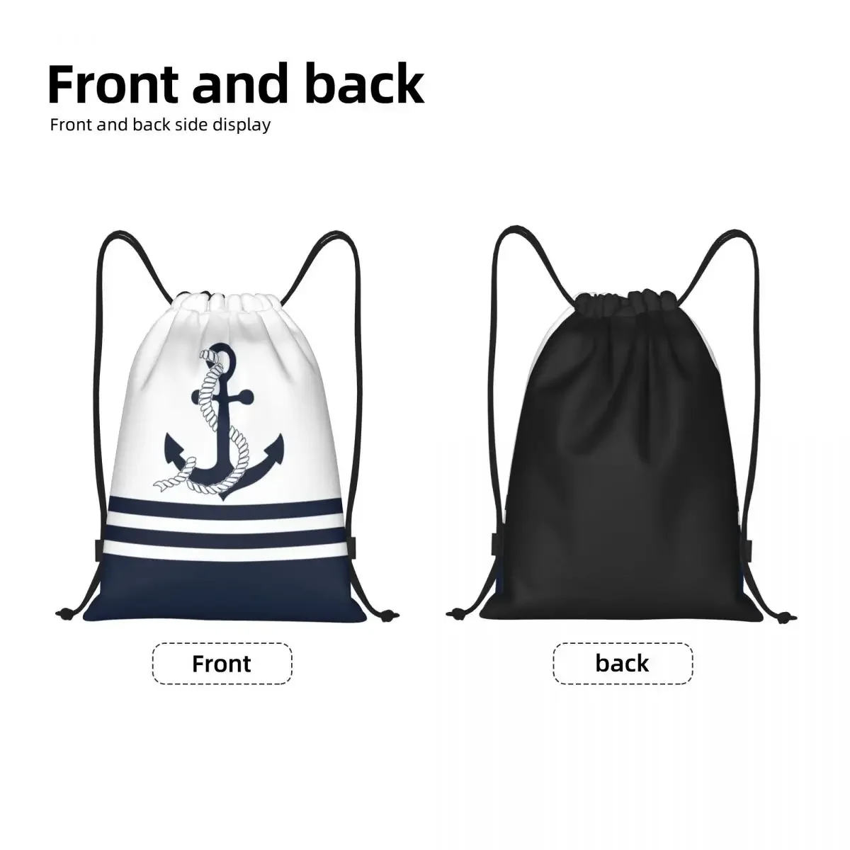 Custom Nautical Blue Anchors With Blue And White Stripes Drawstring Bags Lightweight Sailing Sailor Sports Gym Storage Backpack