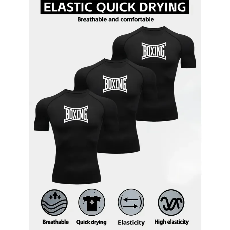Men's 3-Piece Tight-Fitting Compression Fitness T-Shirt Breathable Quick-Drying Elastic Fit Comfortable for Running Ball