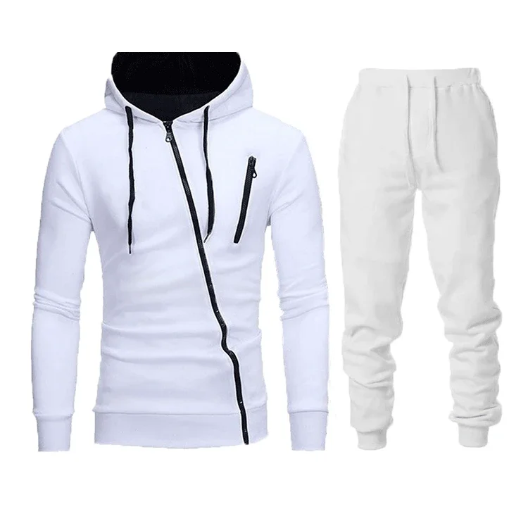 Men's Outdoor Sports Set for Autumn, Including A Fashionable Hooded Sweatshirt with An Oblique Zipper and Casual Long Trousers.