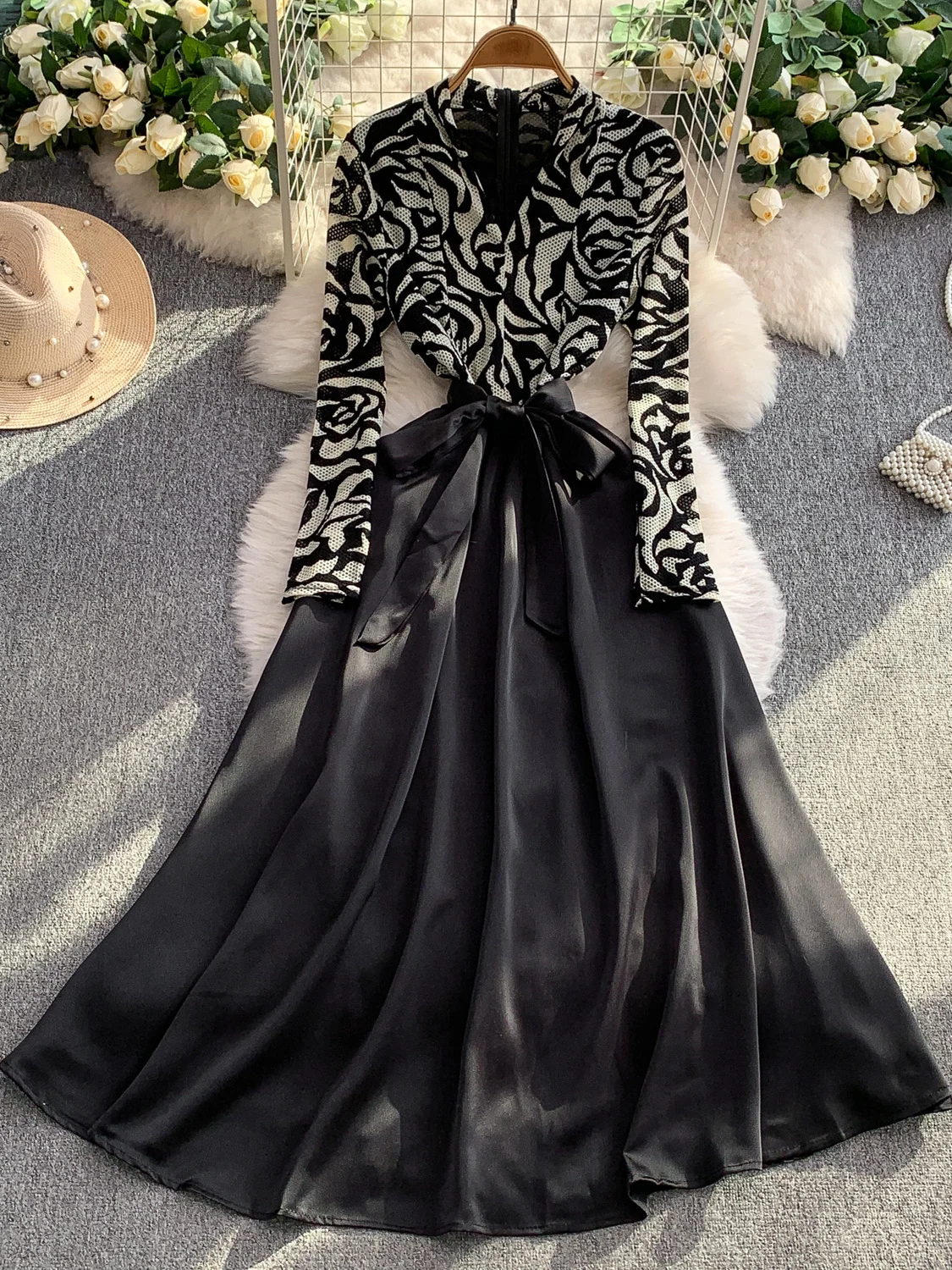 Ele Long Sve Adient Tie Dye Dr Damen-Seidensatin-Kleid mit hoher Taille und Sa Ele Vollrock Dr für Damen