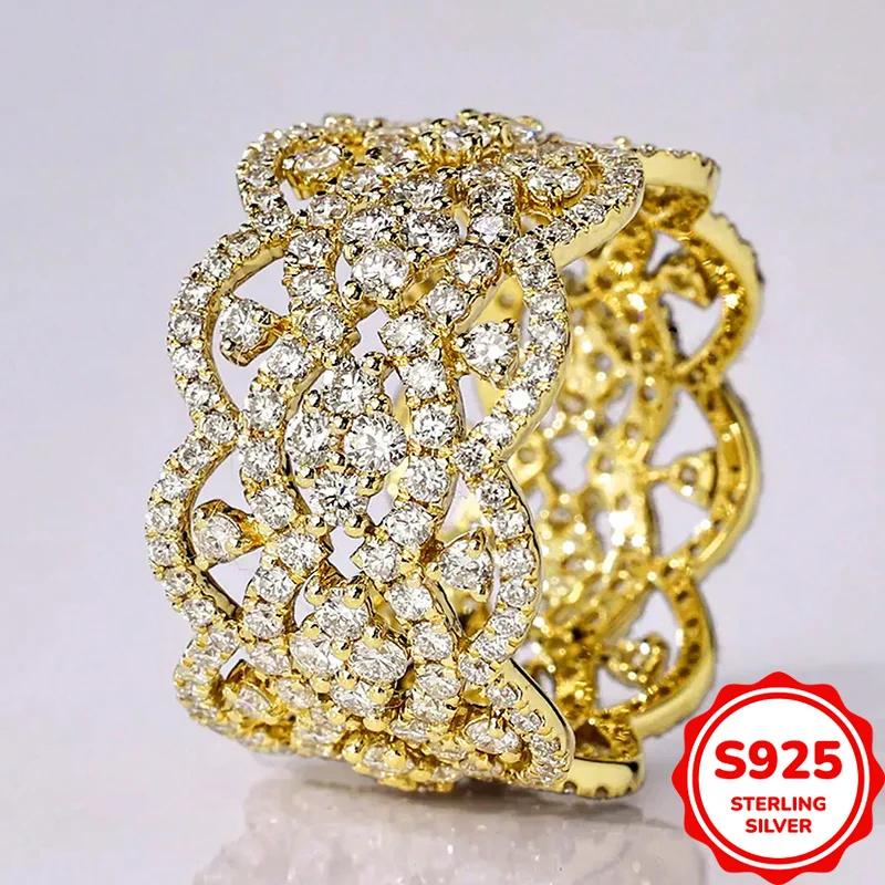 

Fashionable and Versatile Genuine S925 Silver Irregular Hollow Yellow Full Diamond Ladies Ring with Elegant Personality