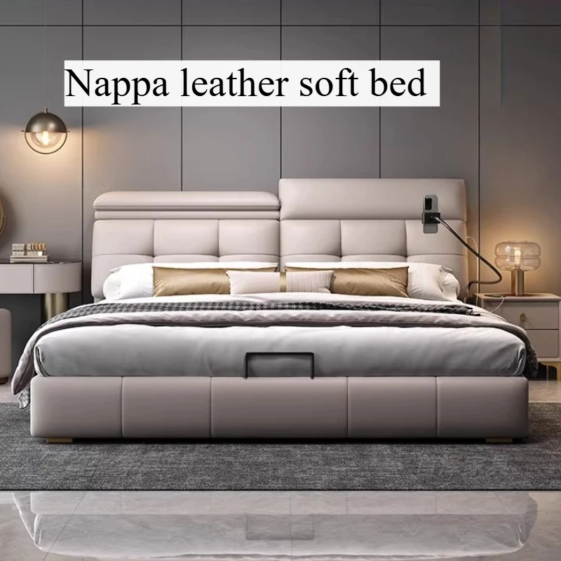 

Современная роскошная кровать с ночником, USB-зарядкой, многофункциональным хранением, обивкой, двуспальная кровать, мебель для дома