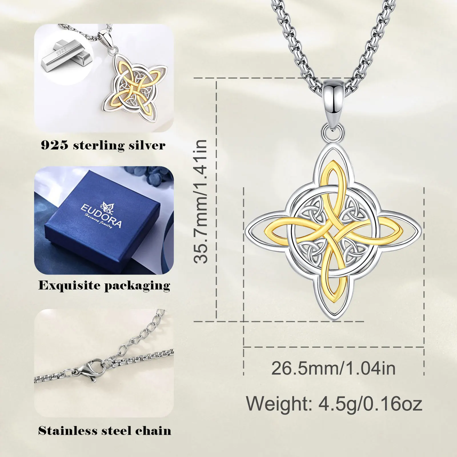 Eudora 925 Sterling Silver Witches Knot Necklace for Women 18k Gold Nudo de Bruja Plata 925 Original Pendant Amulet Jewelry Gift