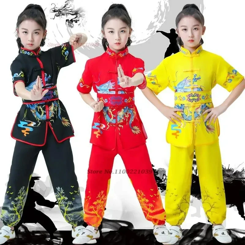

2025 traditional chinese wushu costume retro dragon print kid tai chi kungfu uniforms short sleeve costumes martial arts outfit
