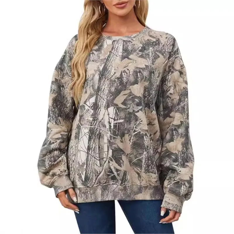 Fashion Camo Sweatshirt Womens Maple Leaf Print Oversized Camo Fleece O-neck Pullover Streetwear For Women\'s Hoodie Outdoor Wear