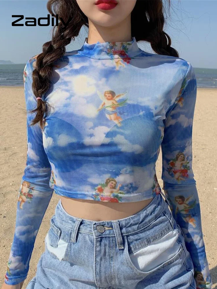 Sweet Angel Printed Long Sleeve T Shirt, Sexy Turtleneck Transparent Beach Mesh Slim Crop Top Female Holiday Clothes Summer 2024