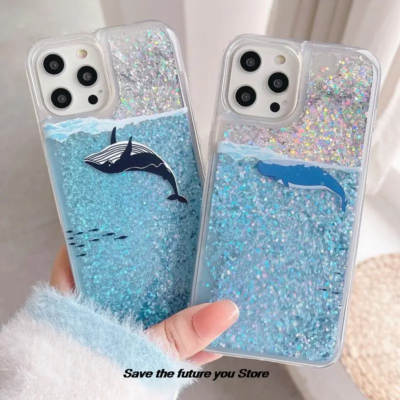 

Luxurious Quicksand Cute Blue whale Bling Glitter Phone Cover For iPhone 11 12 13 14 15 Pro XS Max X XR 8 7 15 Plus bumper Case