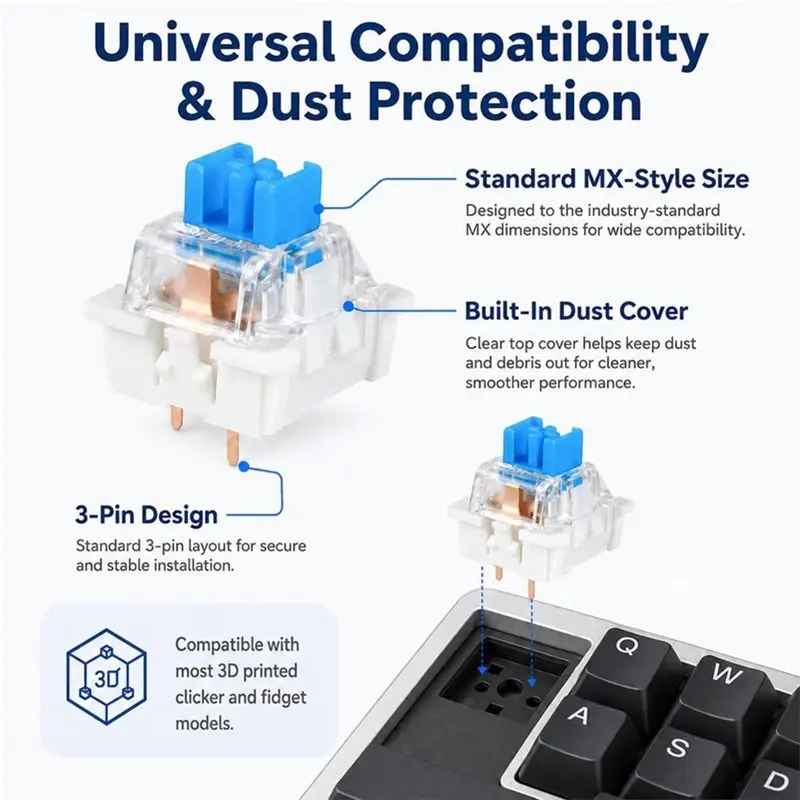 DT37 90 PCS Blue Keyboard Clicky For 3D Printer, Blue Mechanical Switches Crisp Clicks & Strong Tactile Bump, Perfect
