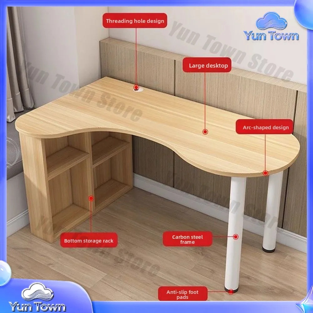 Wooden Corner Desk with Bookcase Curved Computer Desk Nordic Style Combination Desk for Bedroom Home Office and Balcony