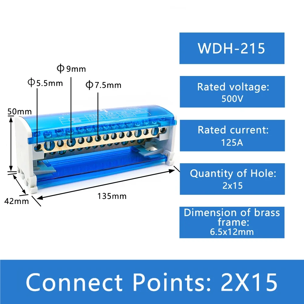 WDH215 Din Rail Terminal Block Modular Screw Connection Power Distribution Block Box Universal Electric Wire Junction Box 1 PC