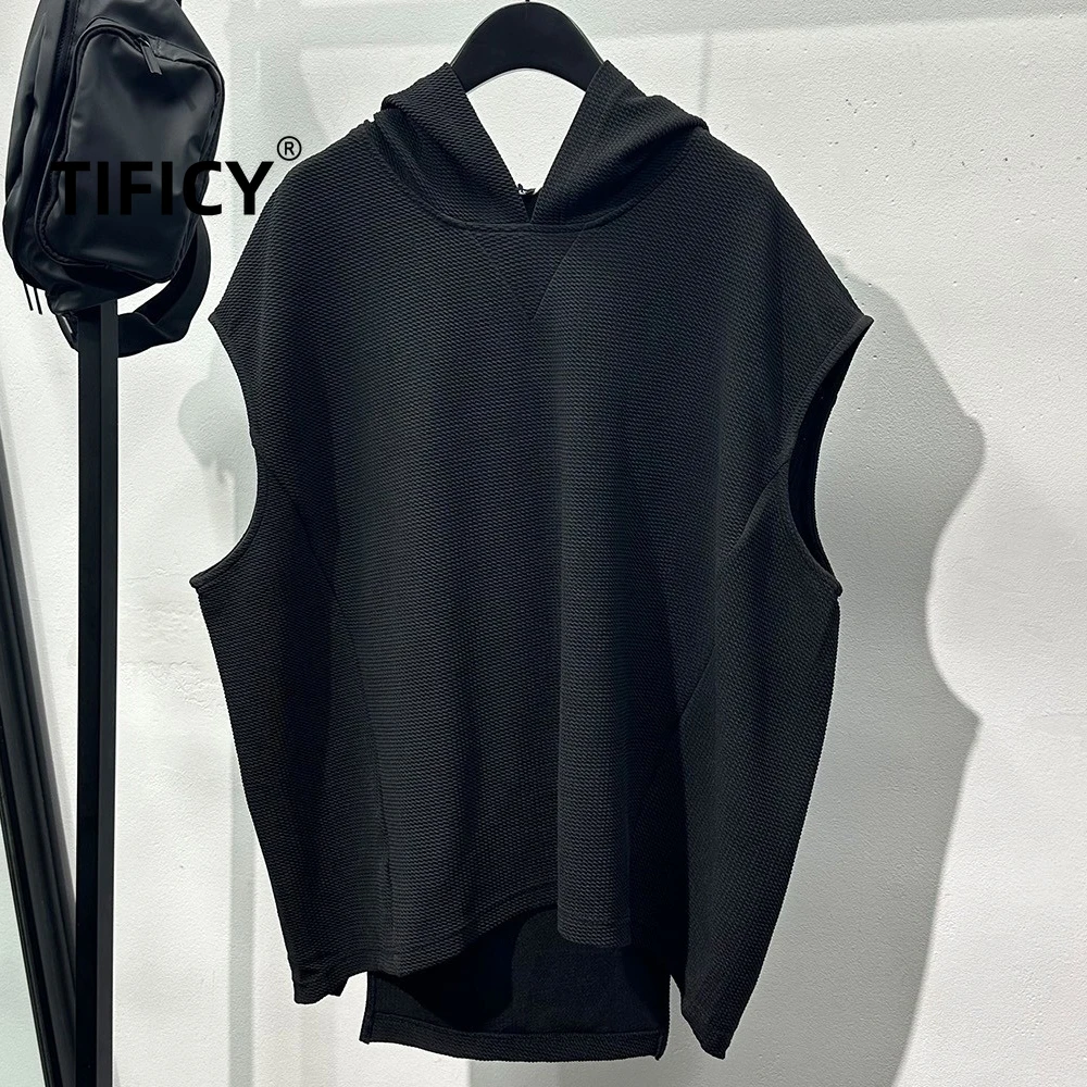 

High Street Tees Dark Slit Retro Hooded Sleeveless T-shirt Men's Summer Loose Fit Slimming Casual Tank Top Ins Mens Clothing