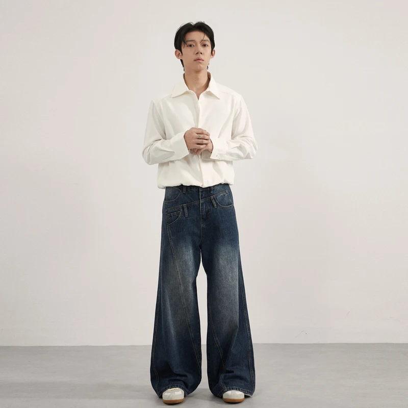 للجنسين الأمريكية الشارع الشهير موضة الجينز الرجال فضفاضة عادية غير المتماثلة لصق واسعة الساق الدنيم فضفاض الجينز بانت النساء الجينز بنطلون #4