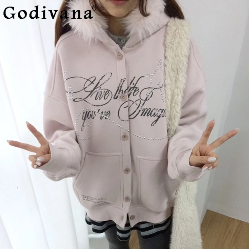 Y2K معطف بياقة من الفرو للنساء جديد الخريف الشتاء الوردي صوف مبطن مقنعين البلوز الإناث اليابانية زر هوديس معطف #2