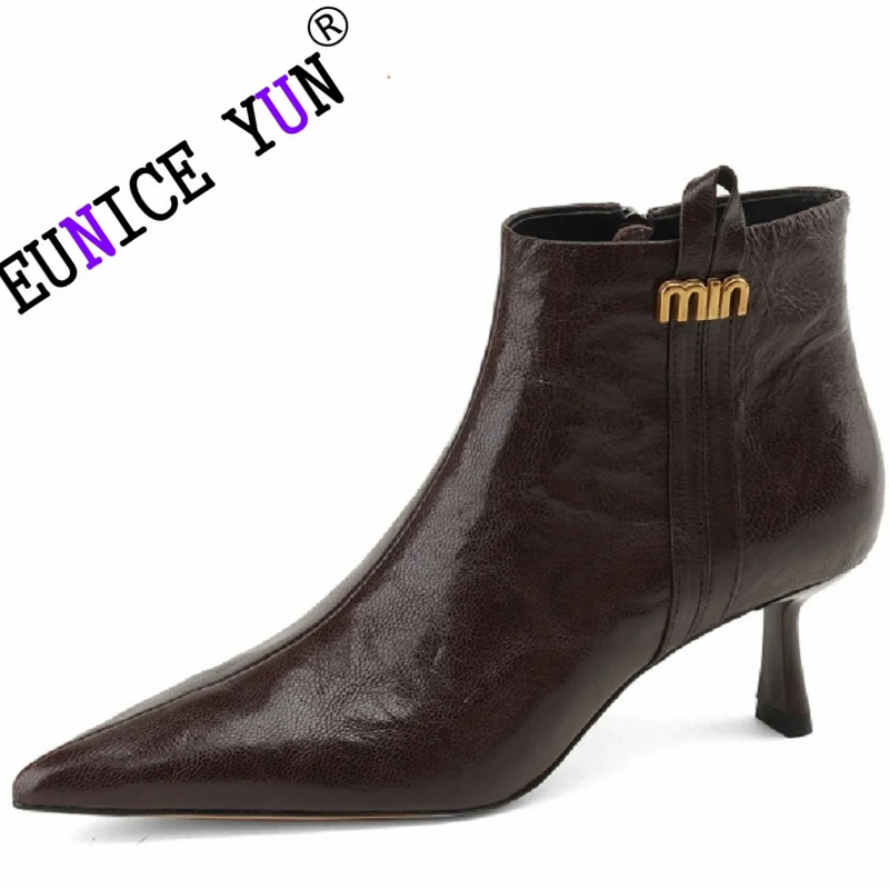 

【EUNICE YUN】Modern Women's Ankle Boots Sexy High Heel Woman Boots Dress Shoes On Heel Natural Sheepskin Ladies Shoes Side Zipepr