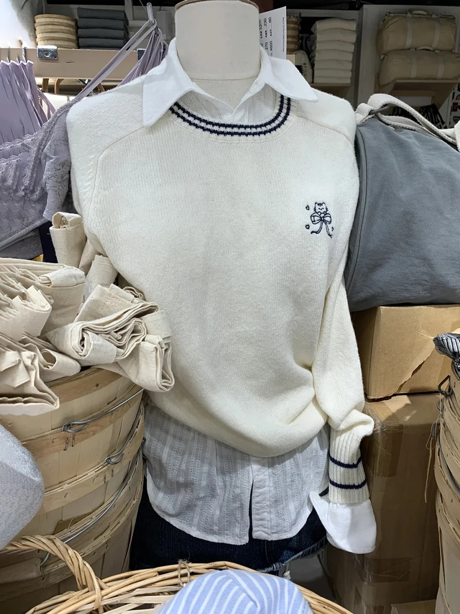 

Cat With Bow Embroidery Sweater Woman Spring Patchwork O-neck Long Sleeve Pullover Tops Sweet Preppy Style Knitted Jumper New