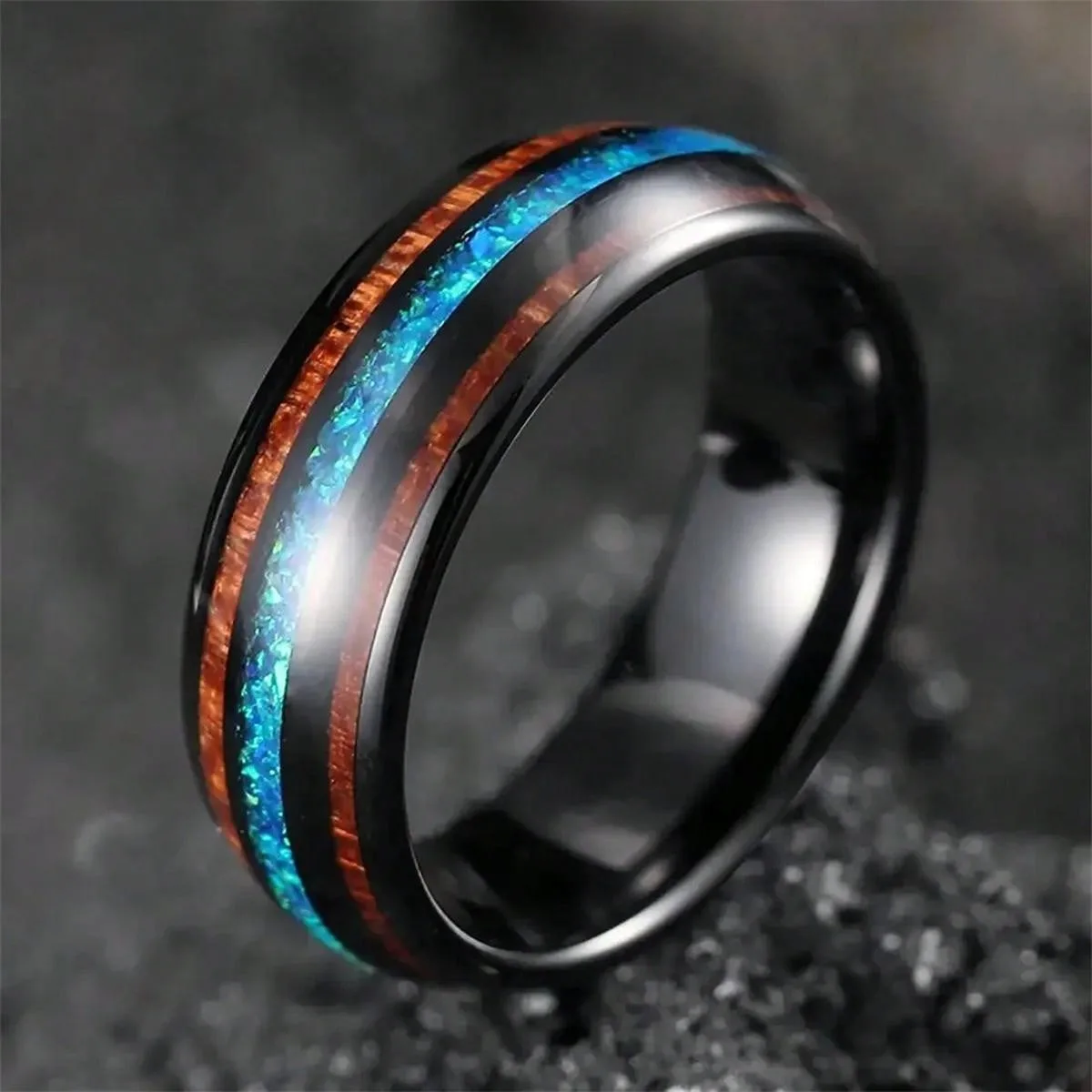 Fashion 8mm Black Stainless Steel Rings for Men Hawaiian Koa Wood Blue Imitation Opal Ring Men Wedding Band Jewelry Gifts