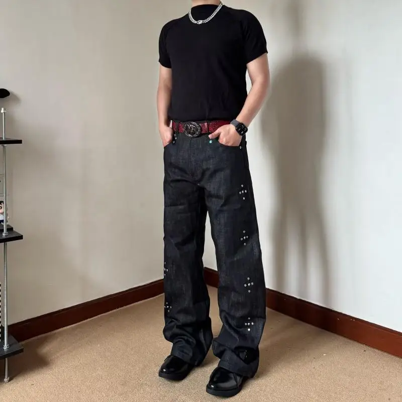 Men's Retro Rivets Black Jeans Street Sweatpants Cool Boys Bottom Punk Style Pants Male High Waist Wide Legs Y2k Trousers