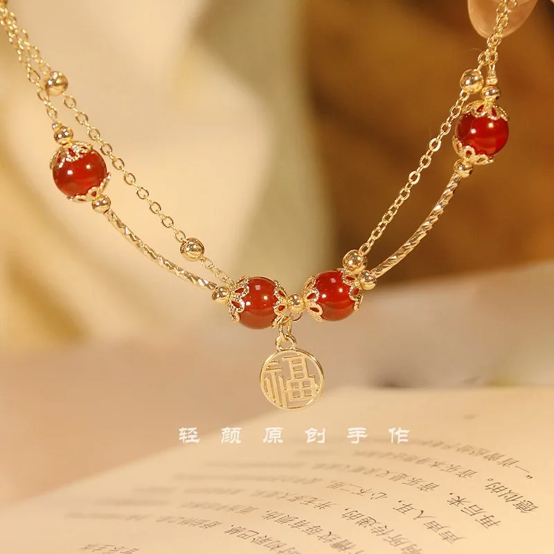 Fuman Natural Red Agate Bracelet Pendant Double Layer Stacked Wear Niche Design Light Luxury Original Friendship Gift for Women