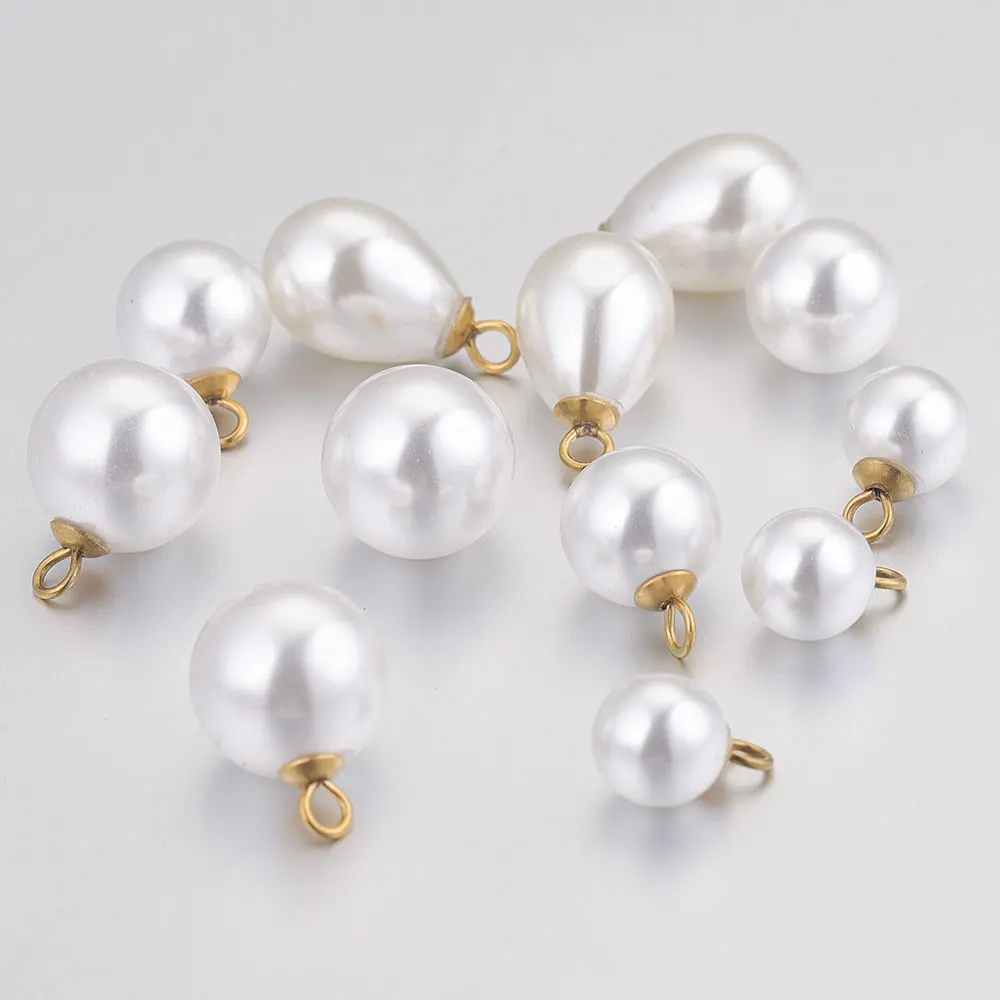 10pcs 8/12/14/16MM White Round Drop Imitation Pearls Earrings Charm Beads Stainless Steel Pendant for Jewelry Making Wholesale