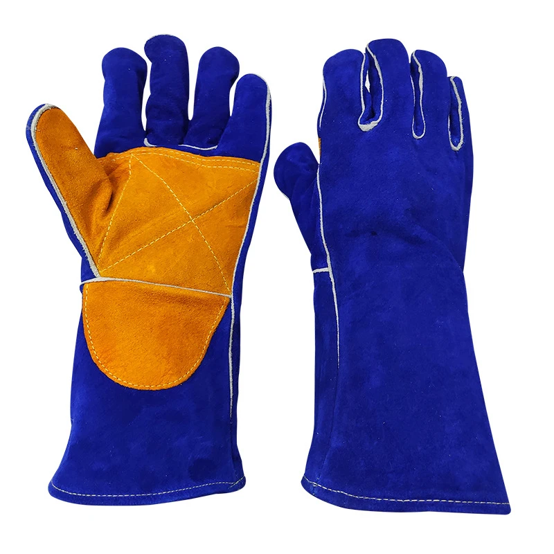 Welding Gloves 14 Inch Long Sleeves Gloves Blue Heat/Fire Resistant Leather For Stick,Mig,Tig, BBQ,Grill,Fireplace,Wood Stove