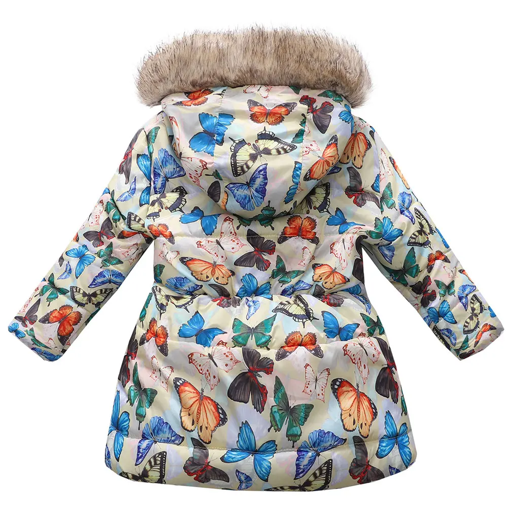 Girls Winter Coat Faux Fur Hoodie Children's Down Cotton Padded Jacket Toddler Kids Warm Parka Puffer Coat Print Quilted Coat