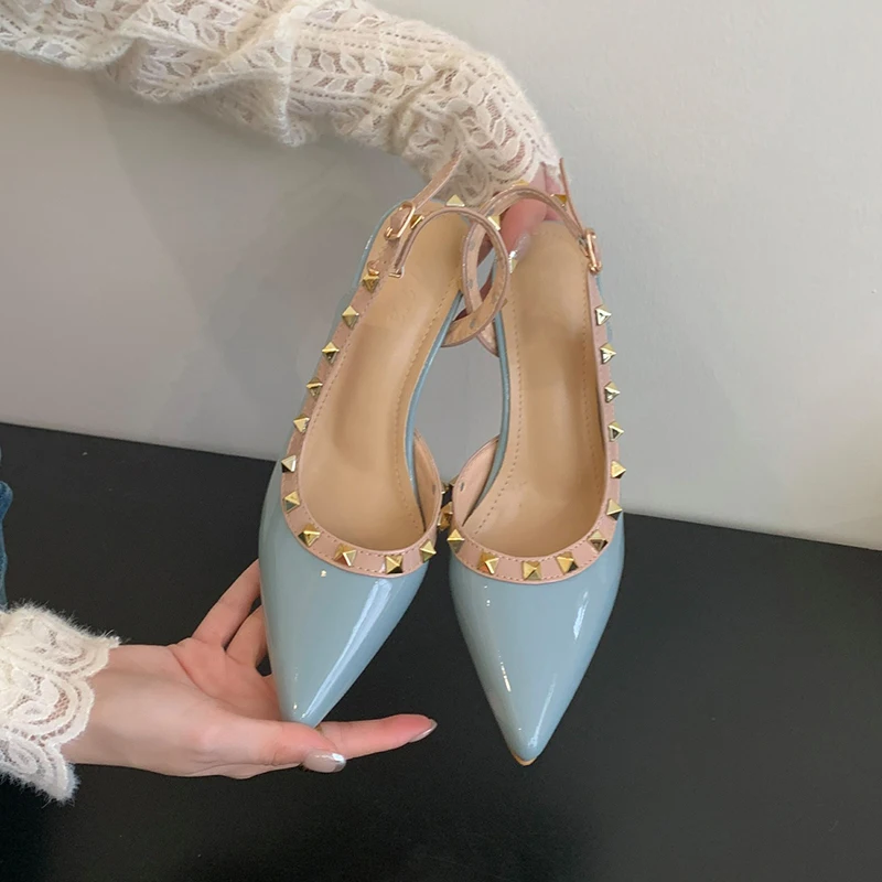 

Pointed Rivet Hollow Women's Sandals Stiletto High Heels Summer Slingback Buckles Solid Color Elegant Dress Shoes Patent Leather