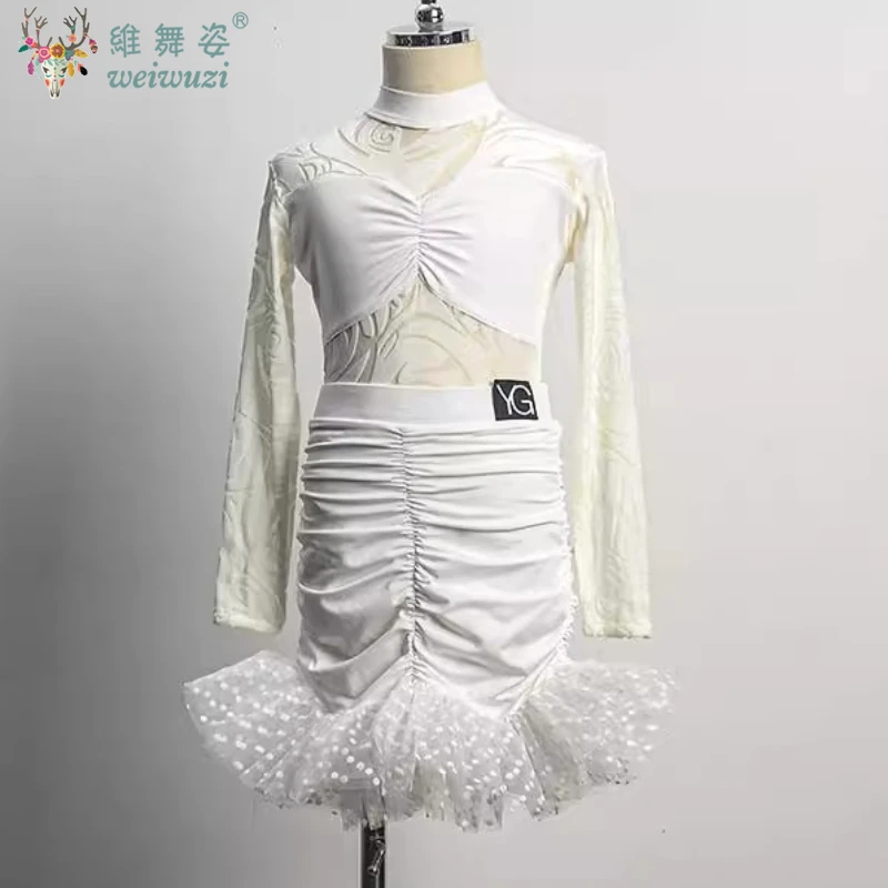 Latin Dance Dress Girls Cha Cha Rumba Tango Dance Costume Fringe Dress White Kids Latin Competition Dress Samba Practice Wear