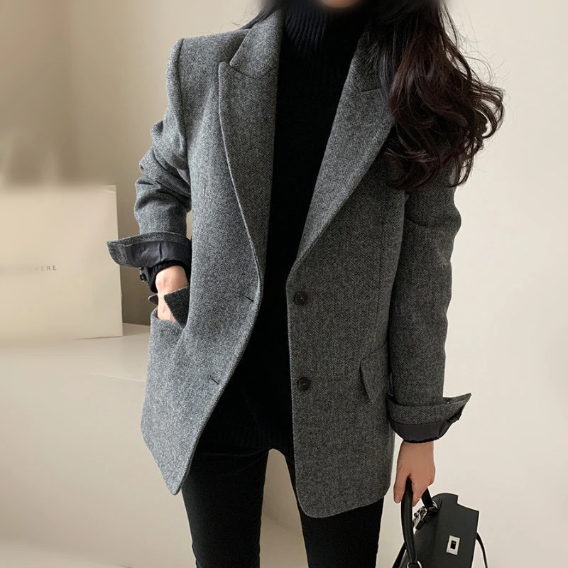 

Korean Gray Wool Suit Jacket Women Long Sleeve Solid Casual Fashion Coat Elegant Single Breasted Twill Commuter Office Outwear