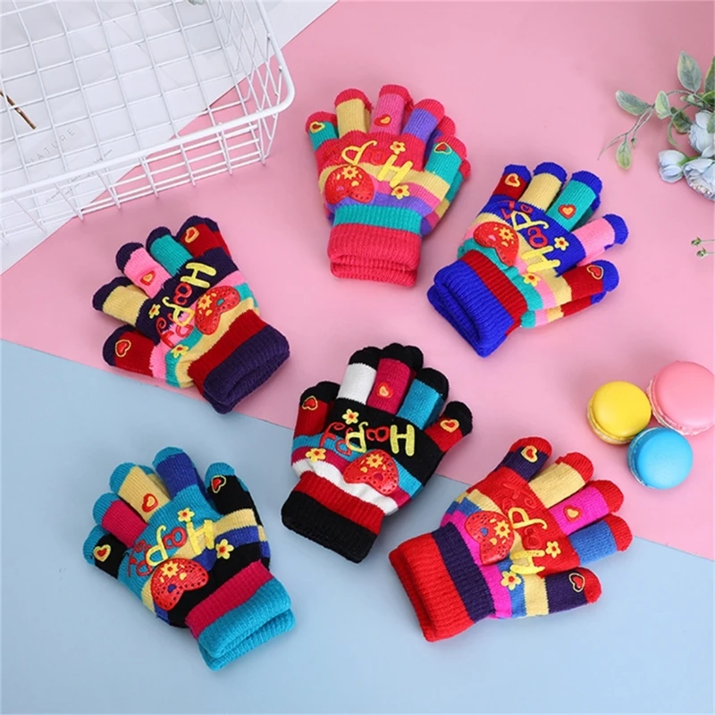 Kid Thicken Gloves Warm Thermal Colorful Full Finger Gloves Winter Warm Gloves Stylish Heart for Girl Boy