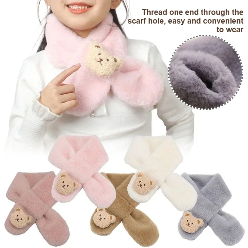 Cute Cartoon Bear Winter Scarf for Kids Plush Faux Fur Warm Baby Neckerchief Toddler Boy Girl Scarves Newborn