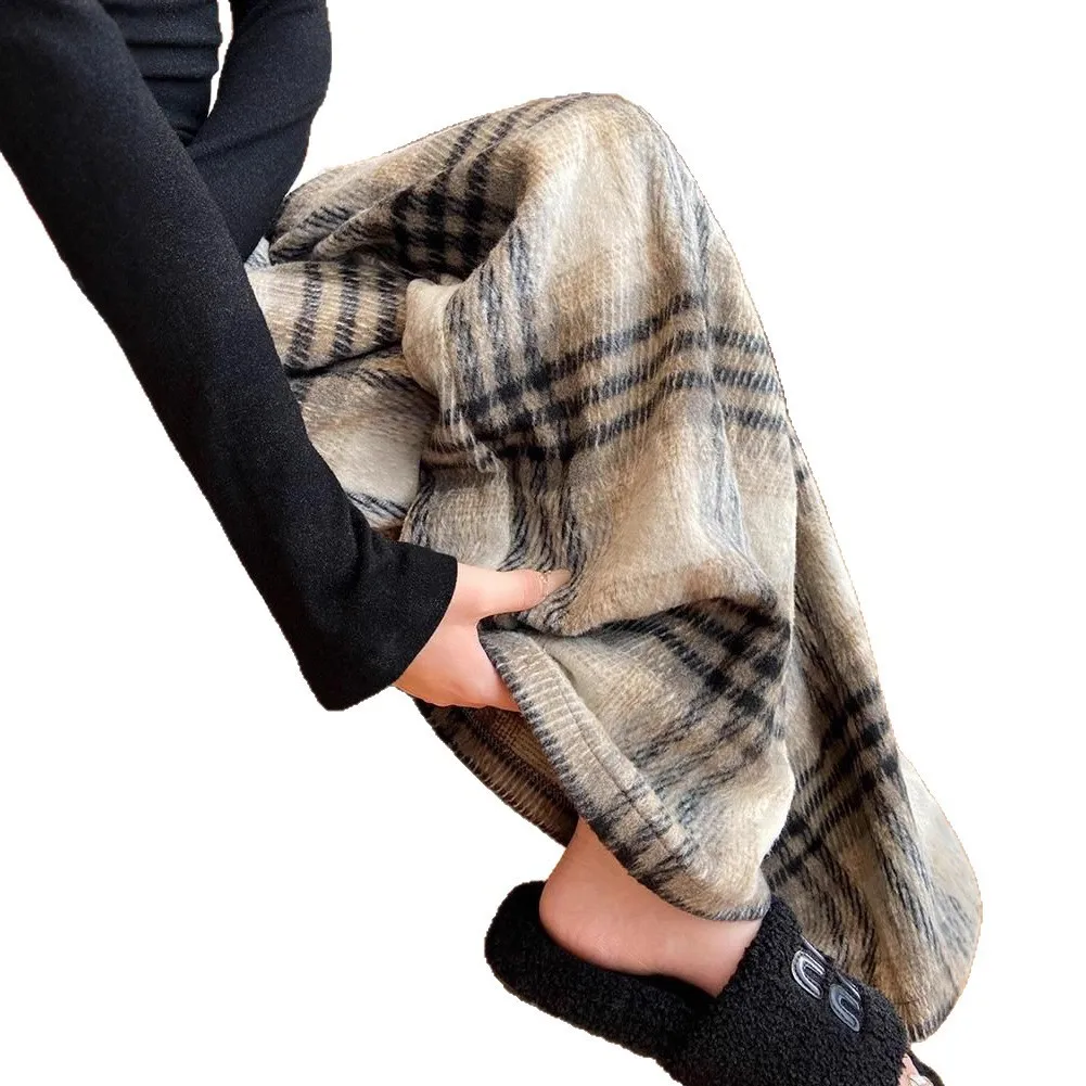 Korean Style Woolen Plaid For Women, Autumn And Winter Thickened 2026 New Straight Casual High Waist Loose Lazy Floor-Length