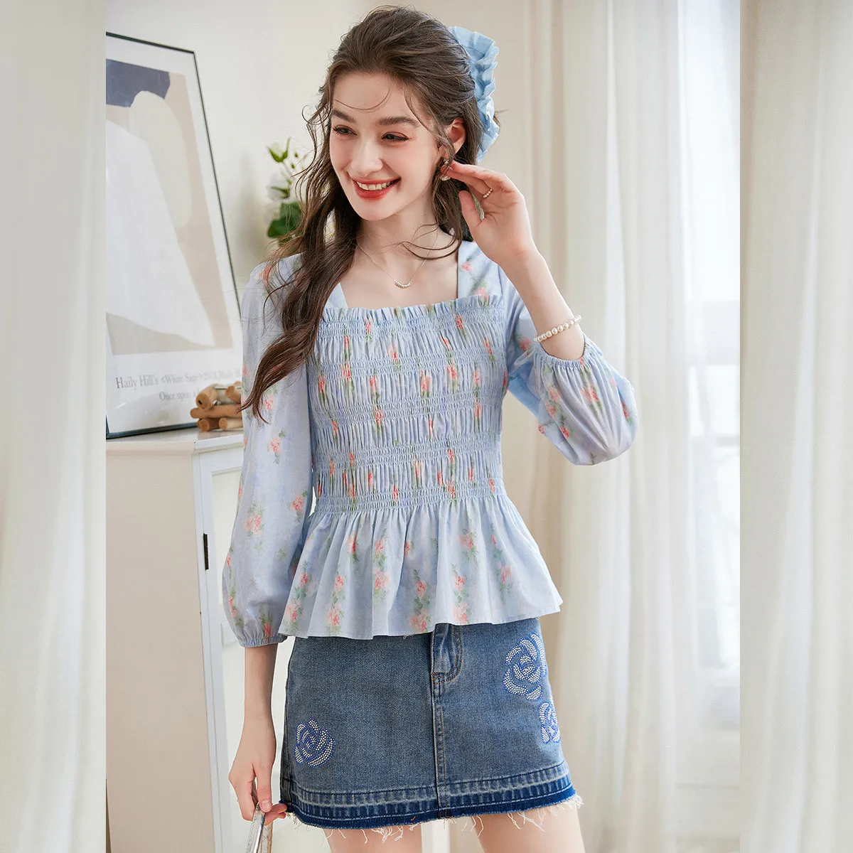 루이 야오 스윗 프린트 여성 블라우스 2025 가을 스퀘어넥 면 100% 탑 우아한 출퇴근 프린트 슬림 긴팔 셔츠