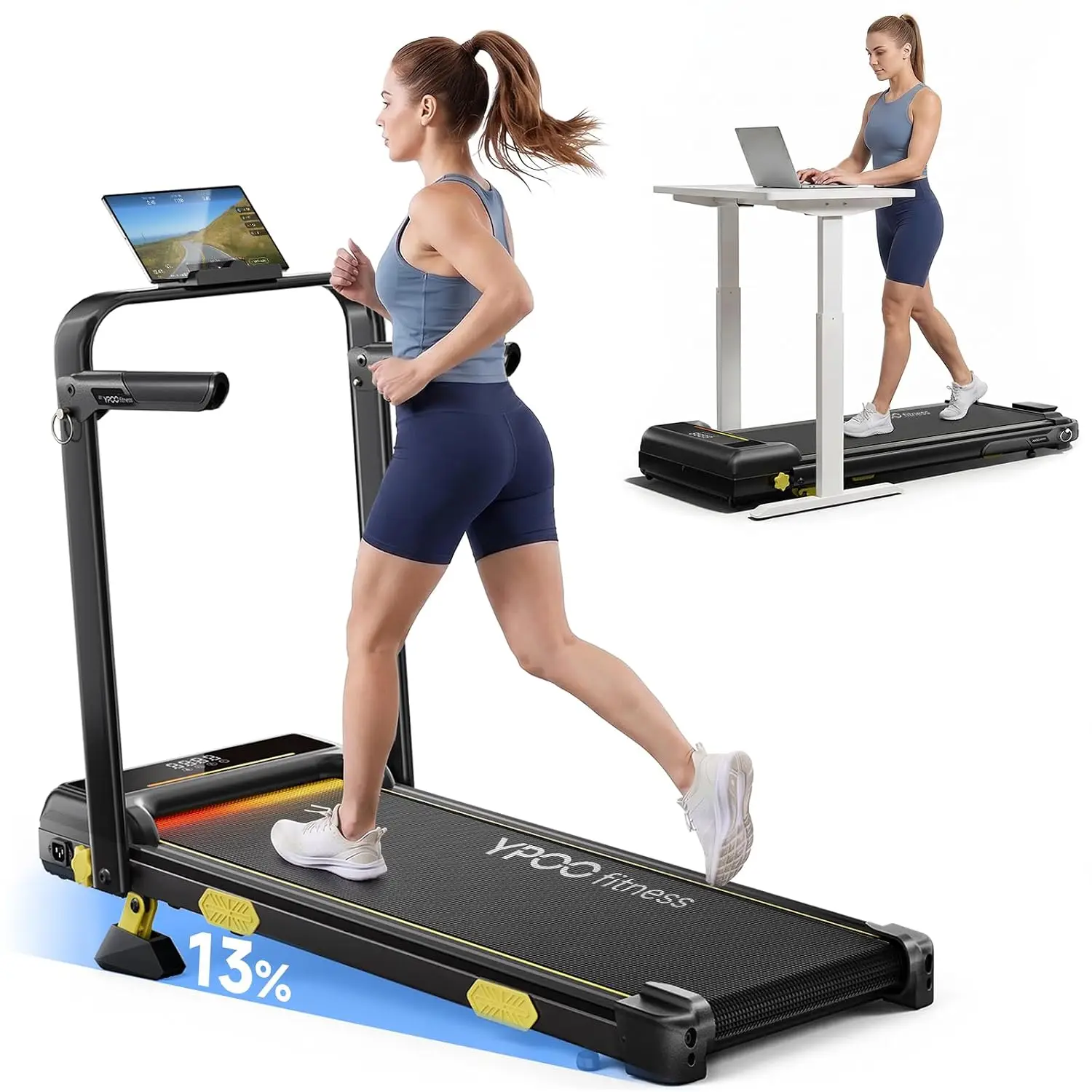 Foldable Treadmill with Incline Walking Pad Handle Bar & Remote, Portable Running Machine Home Office 300Lbs, Desk Treadmill APP