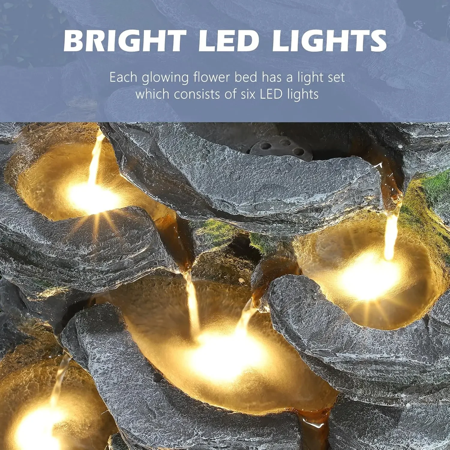 US Shipping Brand new Outdoor 7-Tiers Cascading Rock Water Fountain, Waterfall Fountain with 6 LED Lights, Outdoor Fountains and