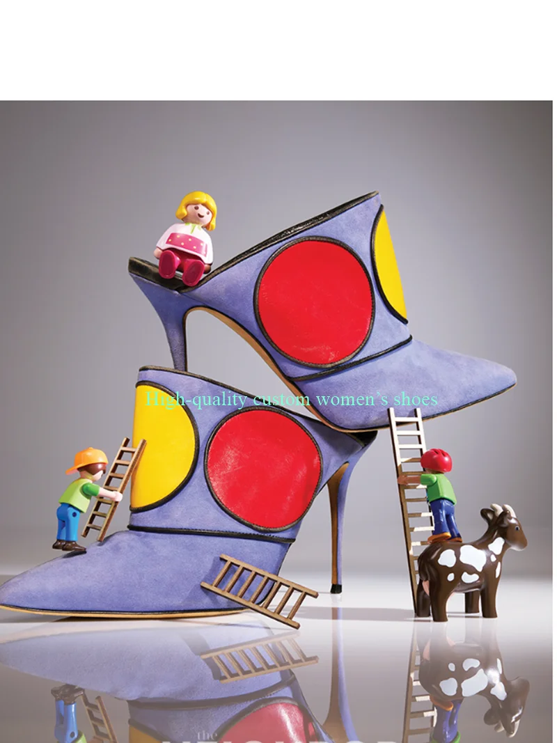 Pointed Blue Velvet Fabric Red And Yellow Circle Decoration Women's Stiletto Heels Handcrafted Luxury Runway Shoes Bestselling